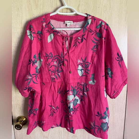 Wonderly Relaxed Gauze Peasant Top in Pink Dotty floral Sz XL - Picture 1 of 9